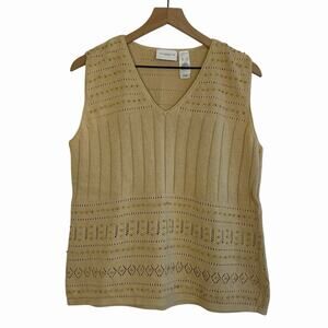Vintage Liz Claiborne Linen Blend Knit Vest Top Tan Large Wood Beads Boho Indie